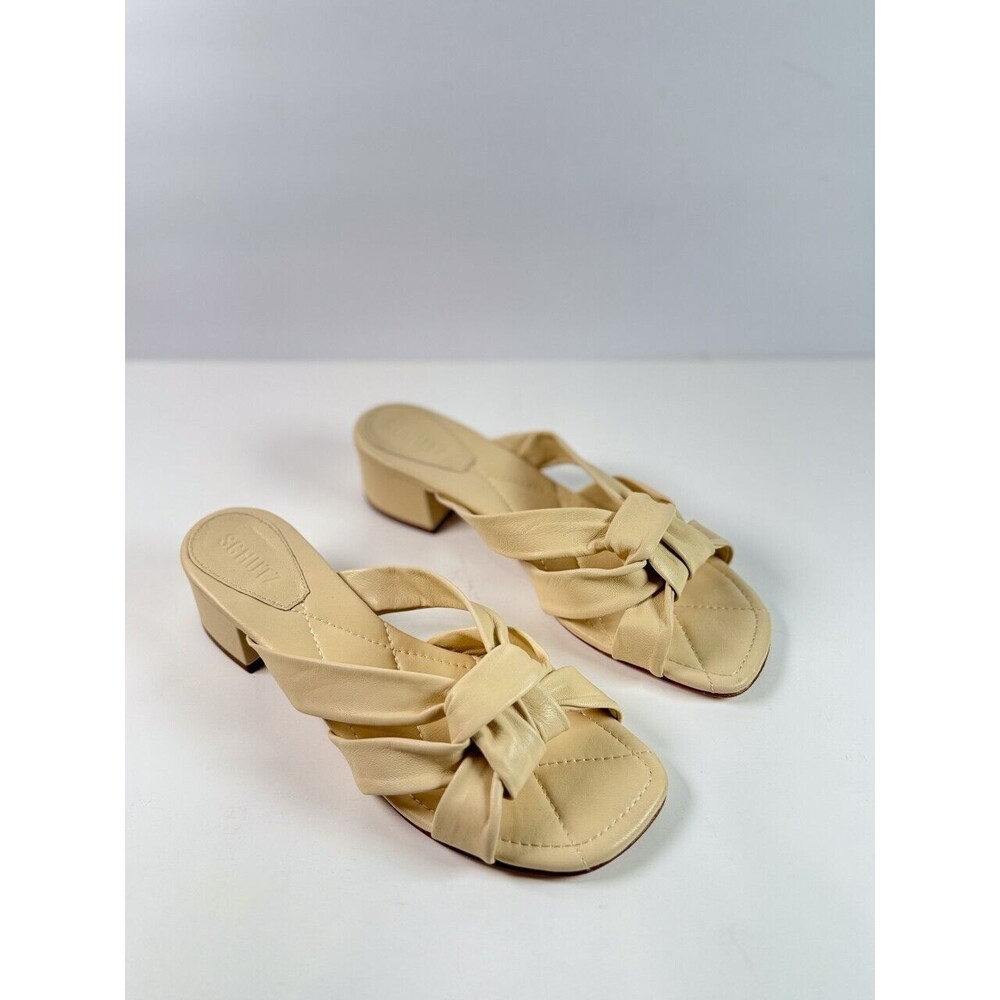 Schutz Womens Sandals Beige Leather Square Toe Slide Heels Designer US 8.5 B
